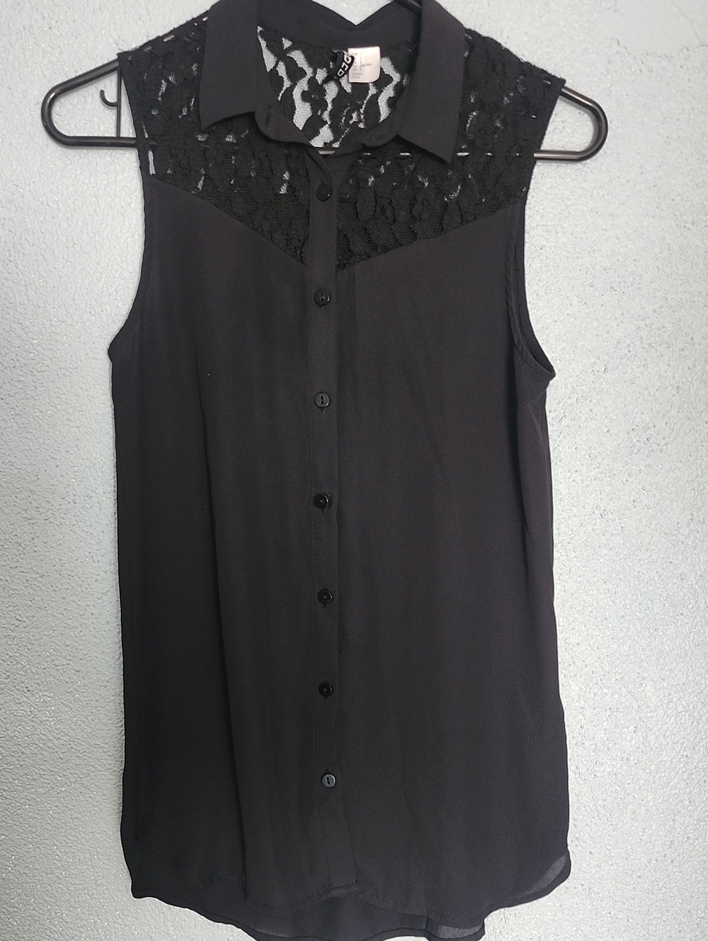 Divided Black Sleeveless Lace-Yoke Button Down Top